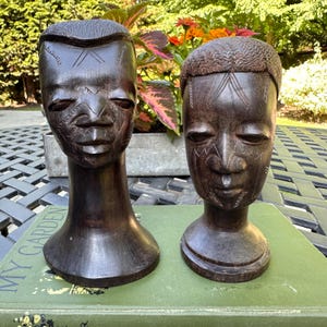 Vintage Hand Carved Ebony African Men Busts, Heavy Male Bust