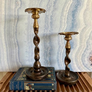 Vintage Pair of Solid Brass Barley Twist Candlesticks, Old Charming Candlesticks