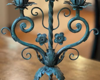Vintage Green Metal 3 Arm Candelabra, Floral Details