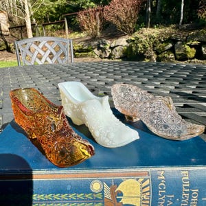 Vintage Fenton Daisy and Button Pattern Glass Slippers, Amber, Milk Glass and Clear Glass with Gold Details Shoes, Choose 1 or All 3