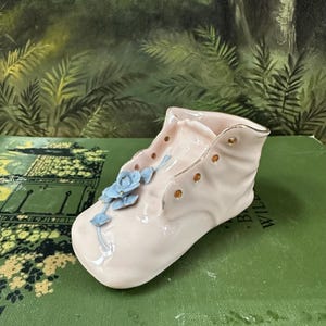 Vintage Porcelain Tiny Blush Pink Baby Shoe with Baby Blue Applied Flowers and Gold Trim, Nursery Decor, Baby Girl Gift, 1950&#39;s Shoe, Newell