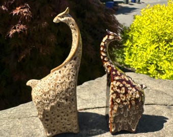 Vintage 90’s Brown Glazed Abstract Ceramic Elephant Figurines, Bookends