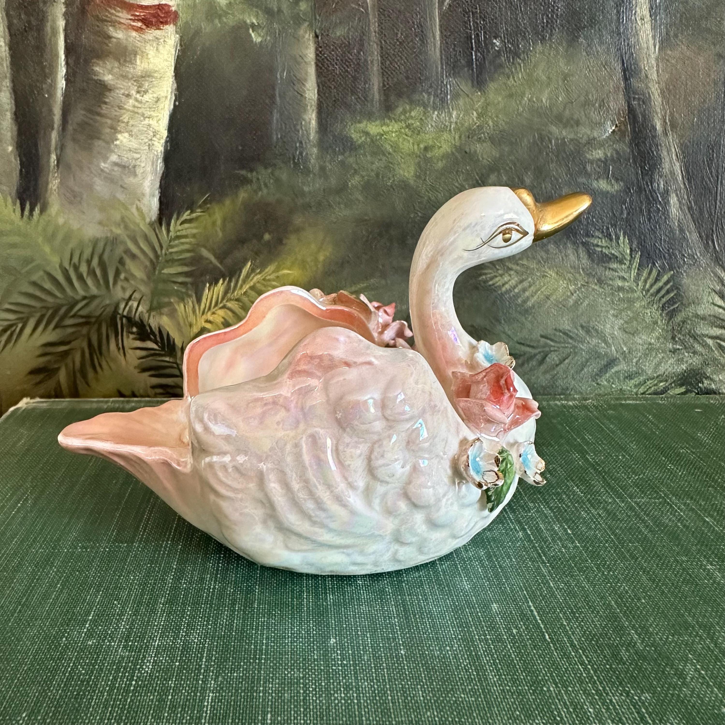 Vintage Norcrest Small Porcelain Pink Swan With Applied Flowers
