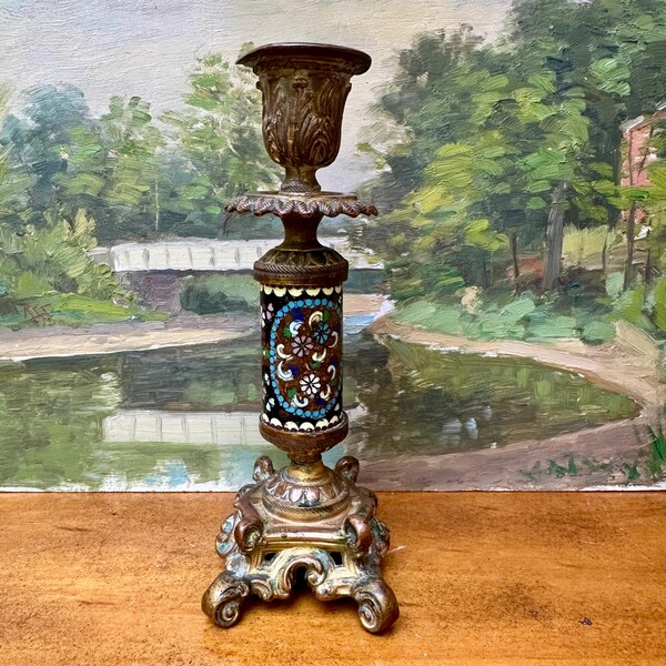 Antique 19th Century French Rococo Bronze Cloissone Candlestick Holder
