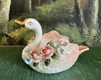 Vintage Norcrest Small Porcelain Pink Swan With Applied Flowers
