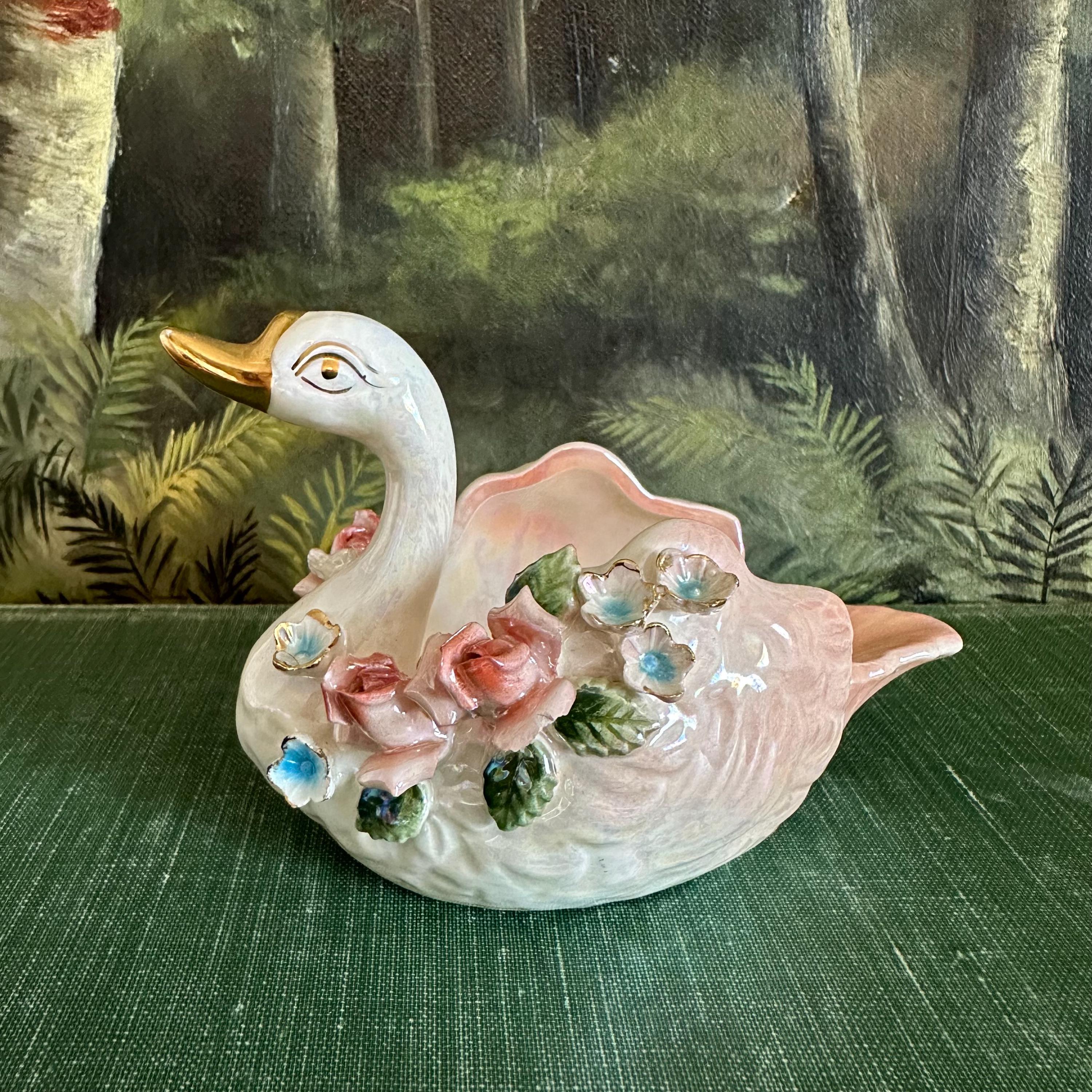 Vintage Norcrest Small Porcelain Pink Swan With Applied Flowers