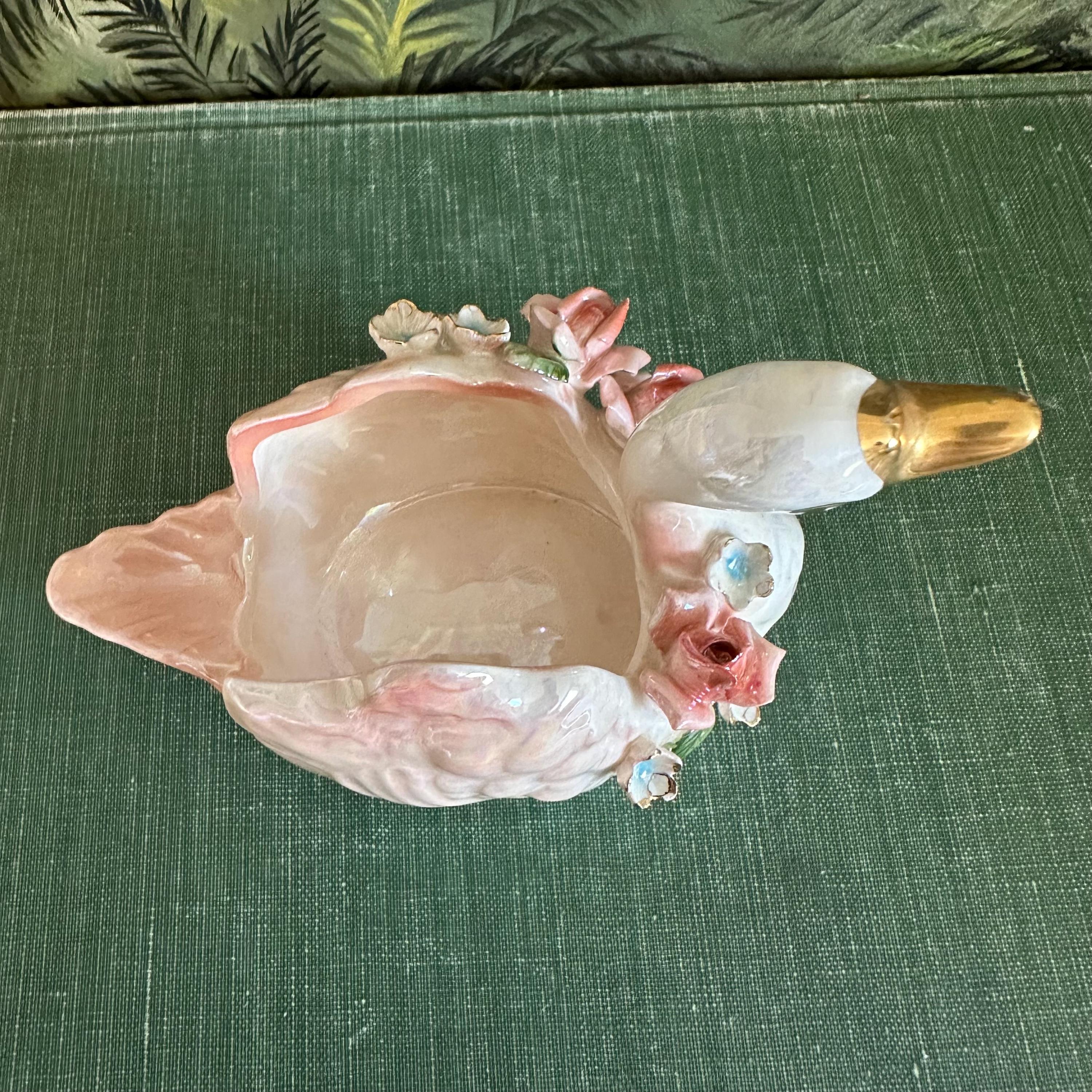 Vintage Norcrest Small Porcelain Pink Swan With Applied Flowers