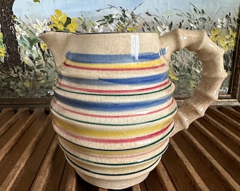 Antique Primary Colors Striped Small Japanese Pitcher with Unique Bamboo Handle