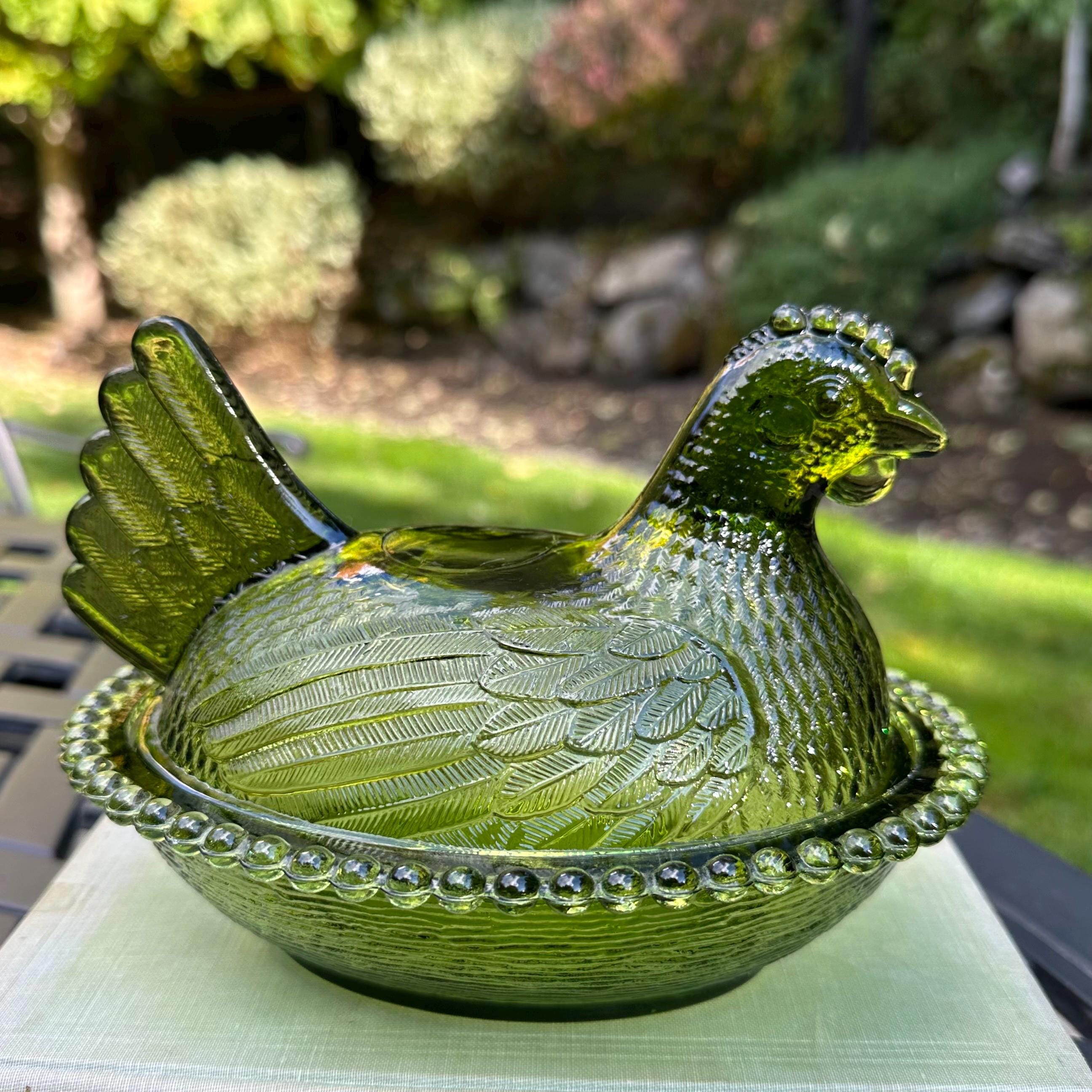 Vintage Indiana Glass Olive Green Hen on Nest Covered Candy Dish