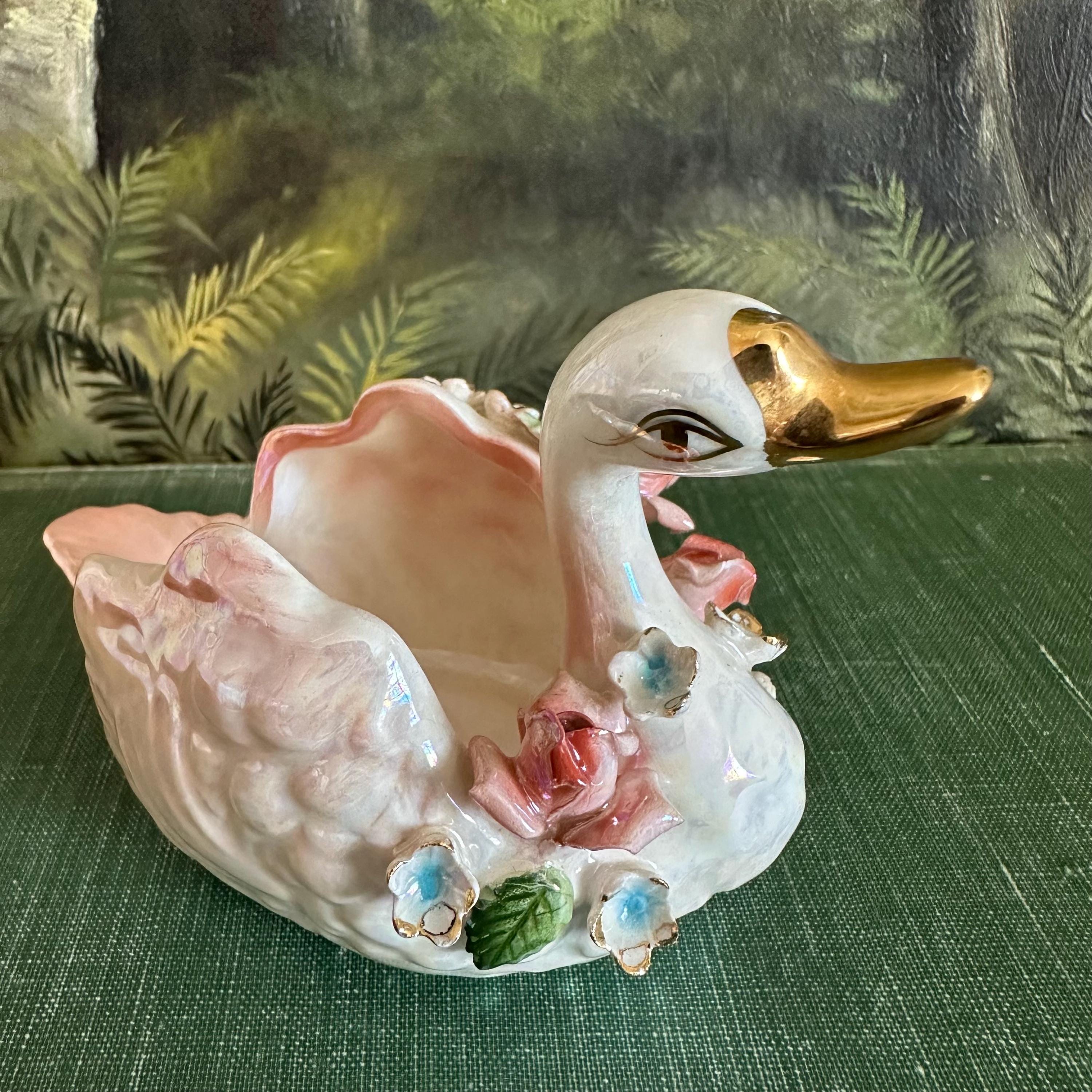 Vintage Norcrest Small Porcelain Pink Swan With Applied Flowers