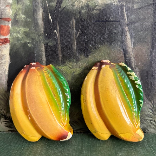 Pair of Vintage 1950's Chippy Chalkware Yellow Banana Wall Hangings, Plaque