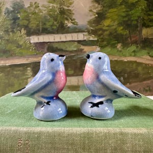 May include: A pair of ceramic bird figurines, each with a light blue body, pink breast, and black accents. The birds are perched on a round, light blue base. The background features a landscape painting.