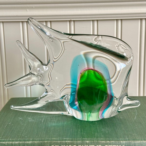 Large Murano Style Blown Glass Angel Fish.  Choose Green OR Blue.