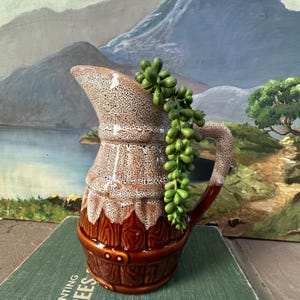 Vintage French Revol Lava Drip Glaze Brown and Cream Pottery Pitcher Jug, French Vase, French Home Decor, MCM French Pitcher
