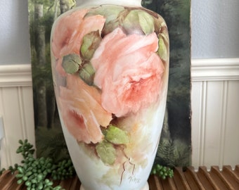 Stunning Vintage Hand Painted Tall Porcelain Vase with Rose Clusters, 12” Tall, Signed by Artist