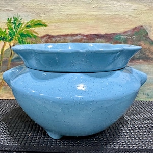 May include: A light blue ceramic planter with a speckled finish. The planter has a scalloped rim and a matching lid. The base has three small feet and two handles. The background features a painting of a tropical scene.