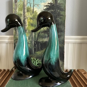 Vintage Pair of Blue Mountain Pottery Black and Teal Drip Glaze Ceramic Duck Figurines, Made in Canada