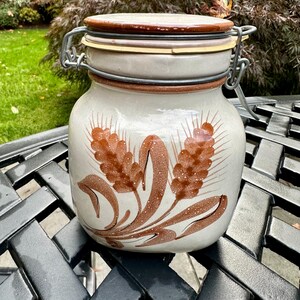 Vintage Cream Pottery Canister, Hand Painted Wheat Design, Made in Italy