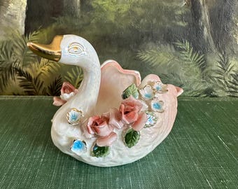 Vintage Norcrest Small Porcelain Pink Swan With Applied Flowers