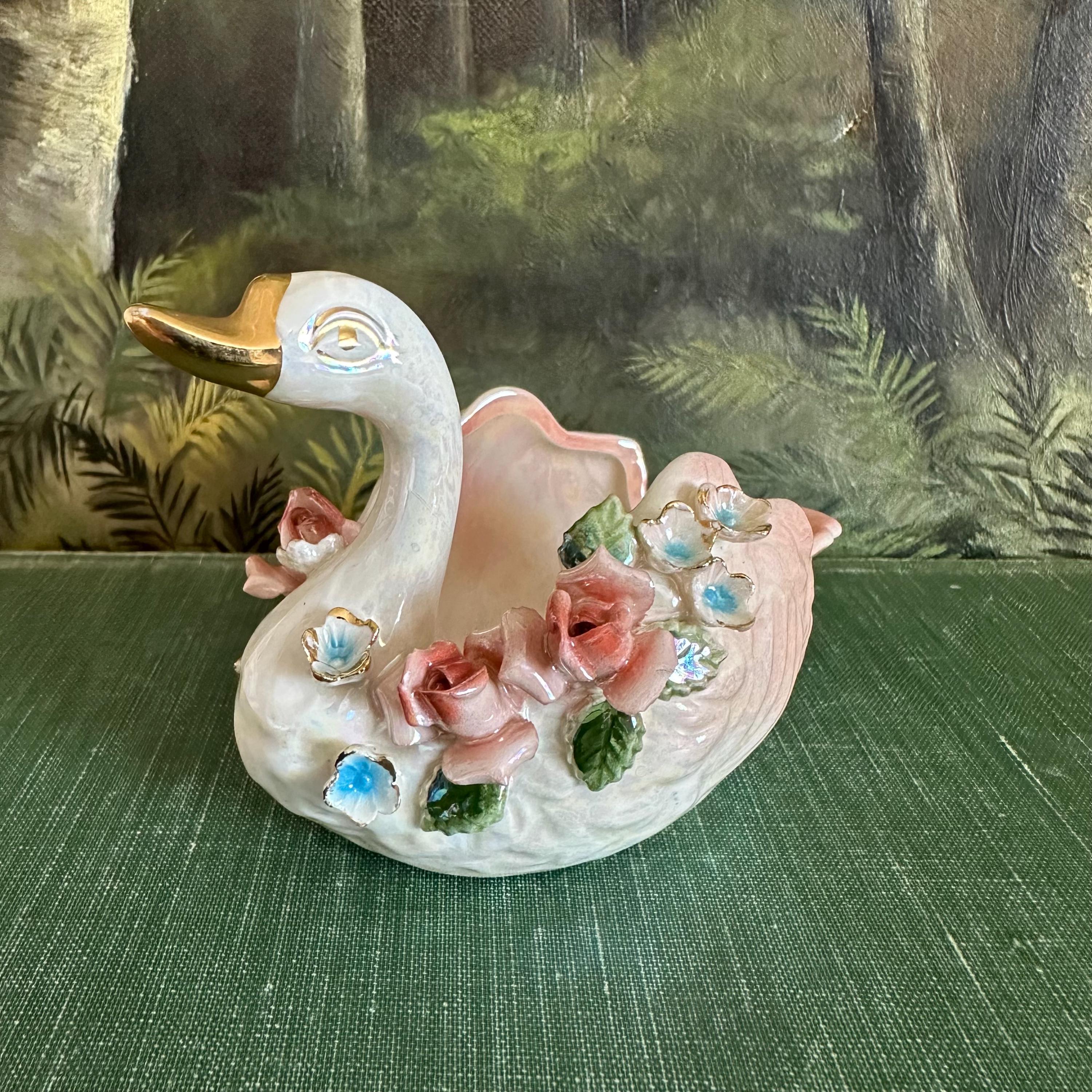 Vintage Norcrest Small Porcelain Pink Swan With Applied Flowers