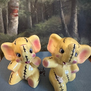 Vintage Yellow Elephants Salt and Pepper Shakers Japan Stitching Stuffed Animals, Kitsch