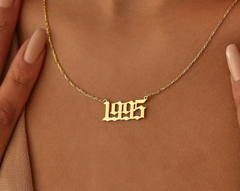 14K Gold Geburtstag Datum Halskette, Gotische Nummer Halskette, Alte Englisch Halskette, Benutzerdefinierte Nummer Halskette, Geburtstagsgeschenk, Muttertagsgeschenk