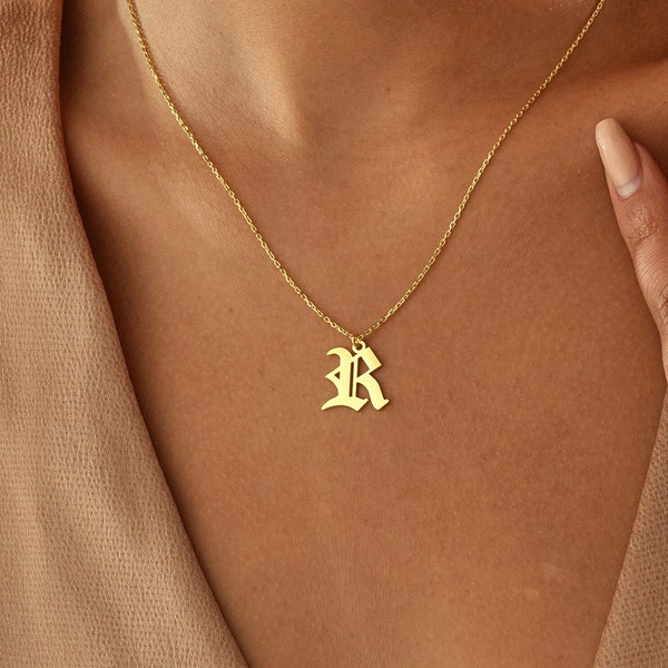 14K Gold Old English Initial Necklace , Initial Necklace Gold , Gothic Letter Necklace , Old English Necklace , Everyday Necklace , Necklace