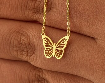 Collier papillon délicat en or 14 carats, cadeau de Saint-Valentin pour elle, collier pour petite amie, collier papillon, collier en or pour femme