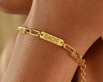 14K Gold Custom Name Bar Bracelet with Link Chain , Engraved Charm Bracelet with  Paperclip Chain , Gold Bar Bracelet , Link Chain Bracelet