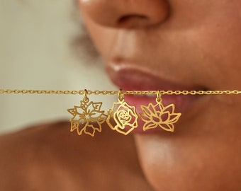 14K Gold Geburts-Monats-Halskette, Geburtsblumen-Halskette, Goldblumen-Halskette, Geburtstagsgeschenk für sie, Jahrestags-Geschenke, Brautjungfer Geschenke