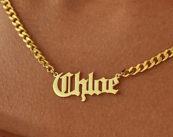 14K Gold Curb Chain with Gothic Name , Custom Name Necklace , Gold Cuban Chain , Curb Chain Necklace , Gold Chain Choker , Mother's Day Gift