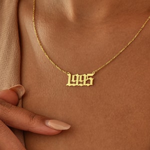 14K Gold Custom Year Necklace , Birth Year Necklace , Custom Date Necklace , Birthday Necklace, Old English Numbers Necklace, Mom Necklace image 1