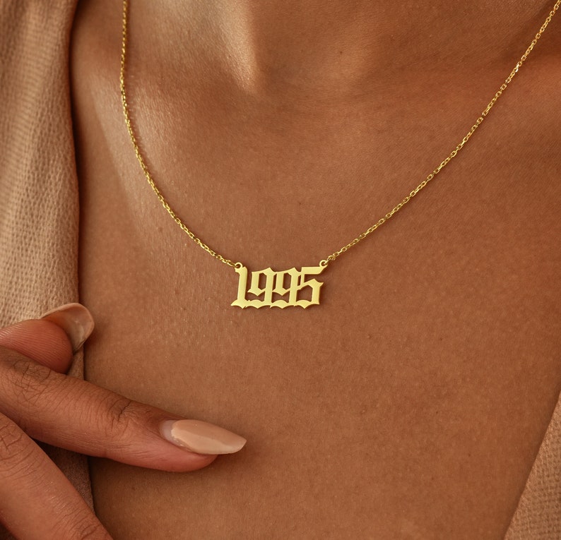 14K Gold Custom Year Necklace , Birth Year Necklace , Custom Date Necklace , Birthday Necklace, Old English Numbers Necklace, Mom Necklace image 1