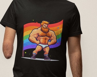Hairy and Proud LGBTQ T-Shirt Pride Unisex Top Mens Adult Gay Bear Gift Tee, LGBT Strongman Flexing Underwear Top, Gift For Gay Man