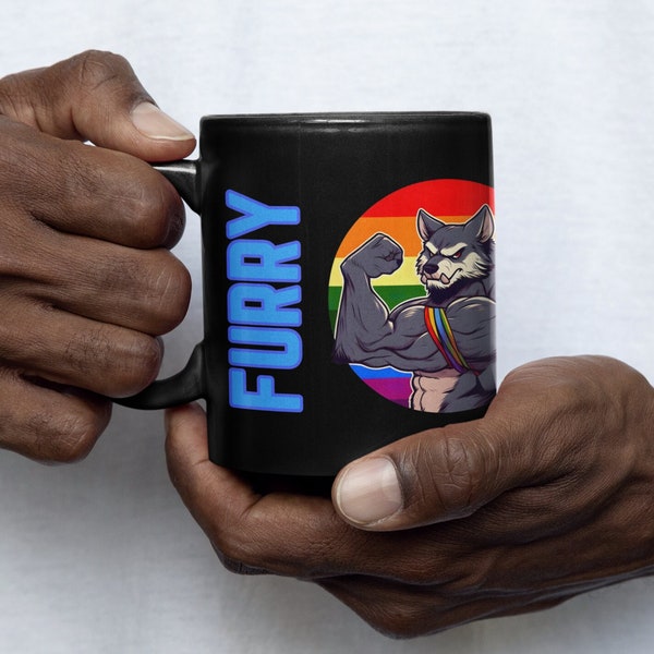 Furry Wolf Flex Black Ceramic Coffee Mug 11oz, Gift for Furries, Strong Furry Wolf, Gay Muscle Wolf Mug, Furry Coffee Mug