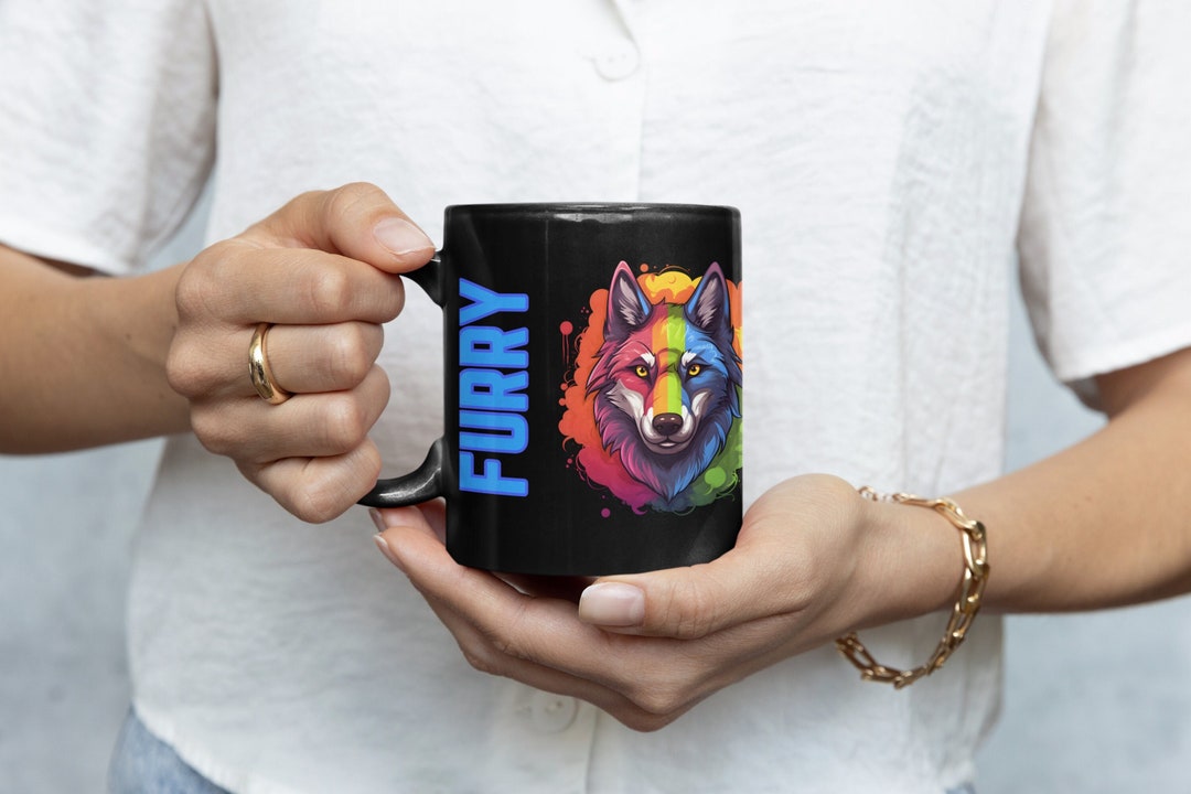 Furry Pride Wolf Black Ceramic Coffee Mug 11oz, Rainbow Pride Coffee Cup for Furries, Anthro
