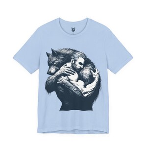 Measurements for bela and canvas 3001 gay werewolf lover tshirt. Handsome man and sexy werewolf embrace in gay hug. Gay werewolf artwork on front of tshirt, for men. Sexy werewolf art on shirt for men.