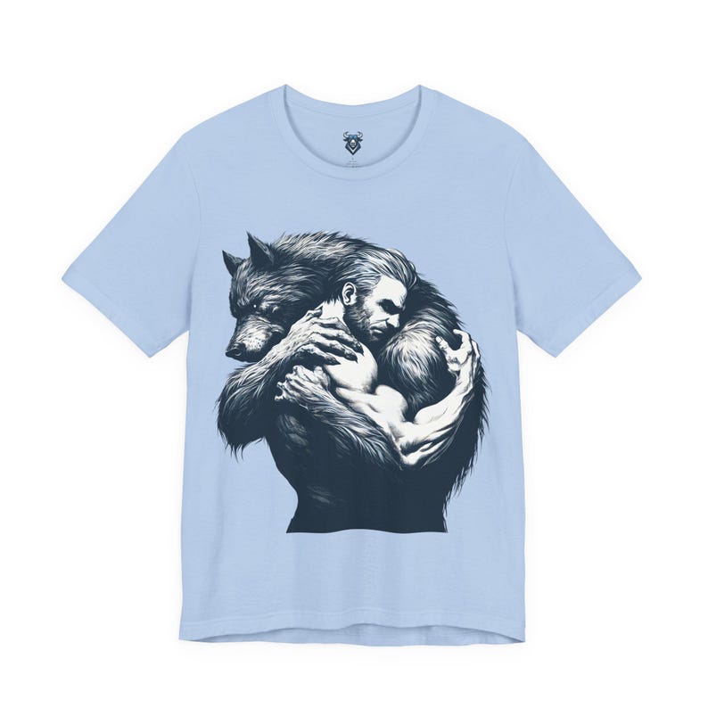 Measurements for bela and canvas 3001 gay werewolf lover tshirt. Handsome man and sexy werewolf embrace in gay hug. Gay werewolf artwork on front of tshirt, for men. Sexy werewolf art on shirt for men.