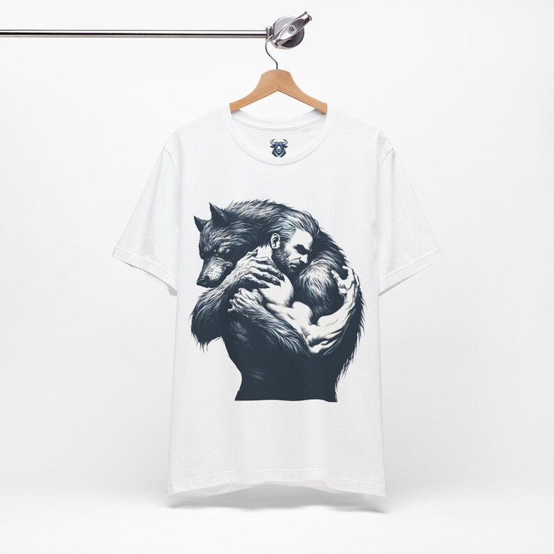 Gay man and Gay werewolf embrace. Gay werewolf lover tshirt. Gay werewolf shirt for men, male werewolf gay embrace. Werewolf lover. Anthro werewolf love.