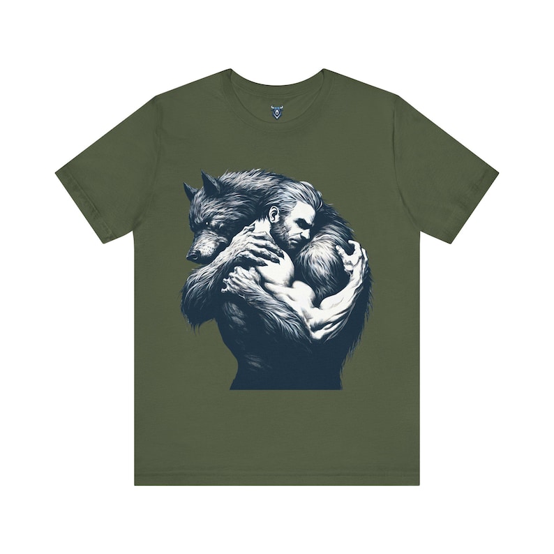 Purple shirt with a bestial werewolf holding a man with love and affection. Designed for lgbtqia community. Gay man and werewolf lovers. Werewolf love, shirt for werewolf lovers. Rugged sexy man and sexy werewolf hug.