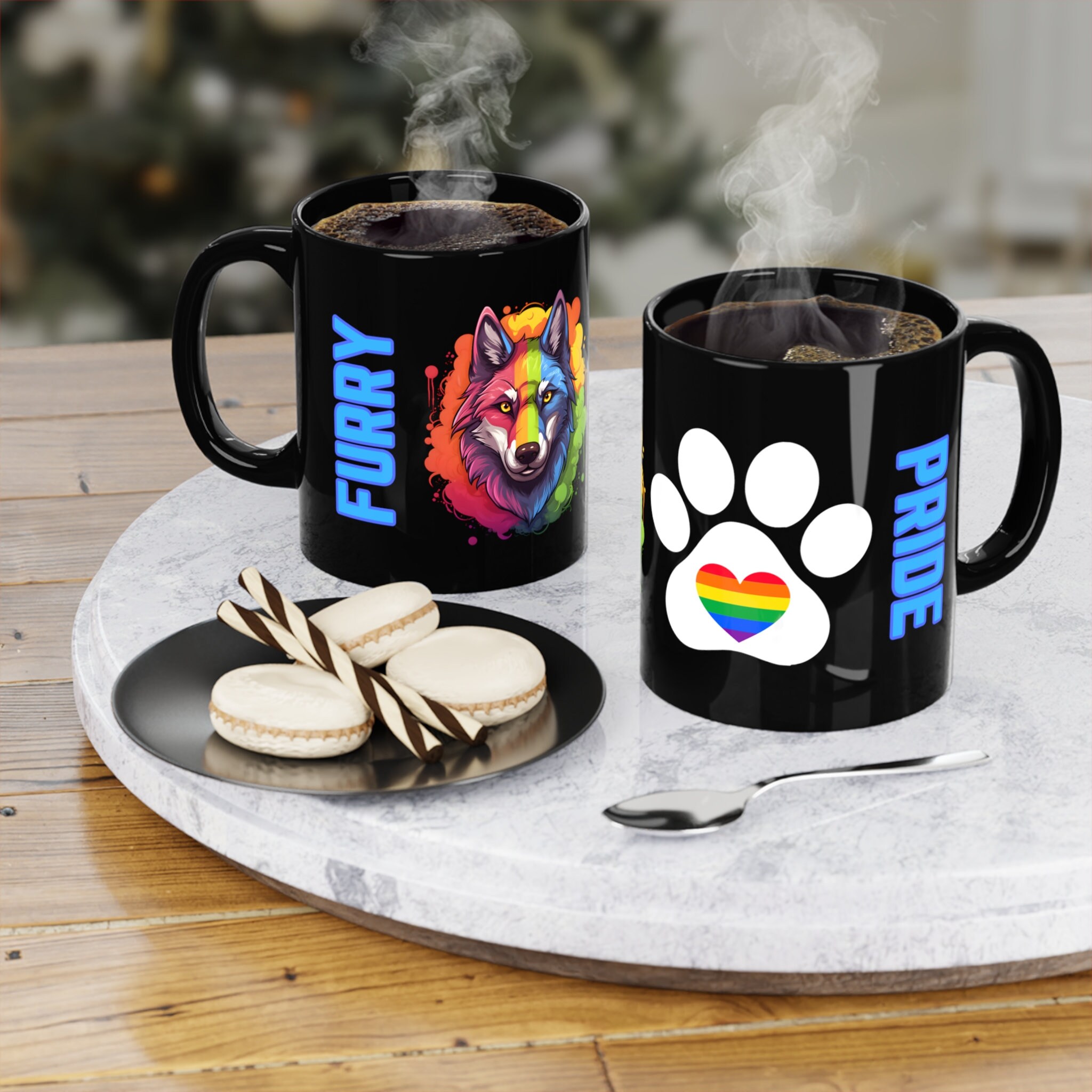 Furry Pride Wolf Black Ceramic Coffee Mug 11oz, Rainbow Pride Coffee Cup for Furries, Anthro