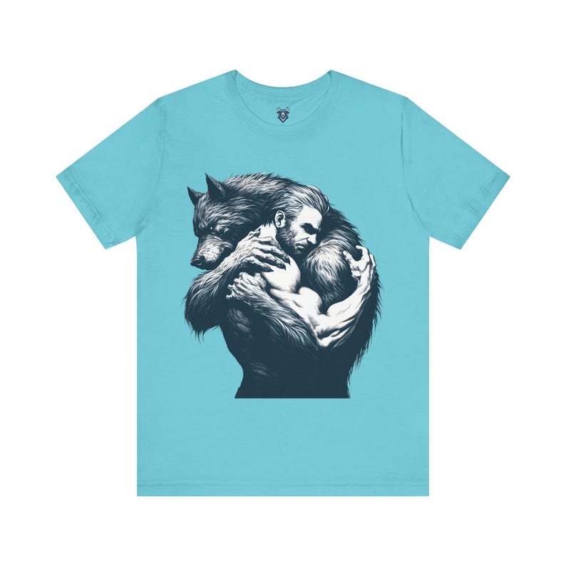 Black tshirt with lgbt werewolf and rugged man lovingly hugging. Love between man and monster. Male gay werewolf lover. Handsome man and sexy werewolf hug. Gay lover of beast. Love the werewolf. Gay werewolf art on tshirt.