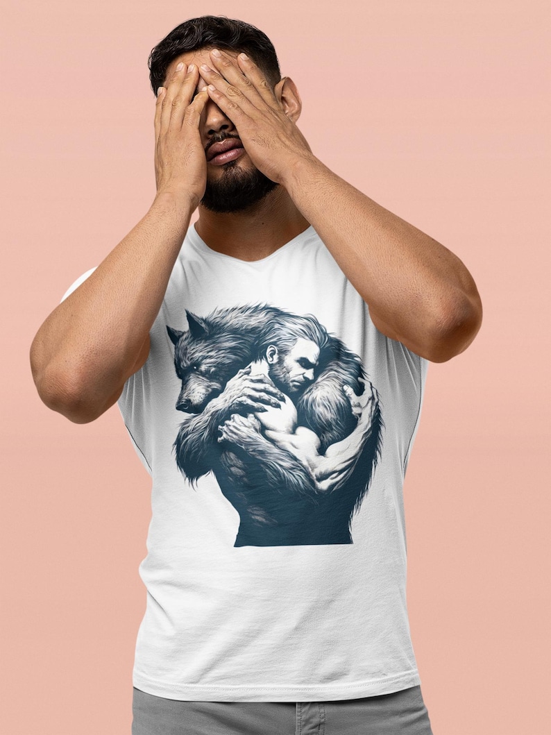 A man and lgbtqia werewolf hug affectionately. Loving embrace gay lgbt monster romance. Gay man and werewolf lovers shirt. LGBTQ Pride werewolf design. Werewolf gay lover top. Werewolf Tshirt men gay, werewolf hugging man design
