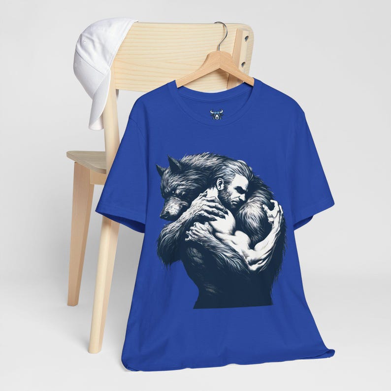 Furry werewolf and man lovingly hugging. Black and white gay werewolf design. Werewolf tshirt gay. Gay werewolf artwork. Man and werewolf lover hugging on top. Werewolf tee, man and werewolf lovers hugging. Werewolf lovers shirt for gay men.