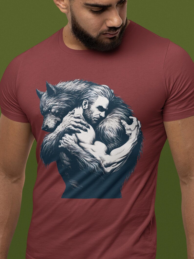 Shirt for lgbtq community. A man and werewolf embrace lovingly.