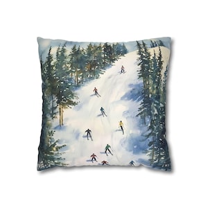 Square Pillowcase, Downhill Skiers Watercolor Print Pillow Cover, Skiing Mountain Decor, Winter Sports Bedroom Decor, Gift for Skier, Snow