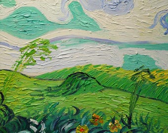 Van Gogh Style Oil Painting: Green Fields Landscape, 24x22 Inch Canvas