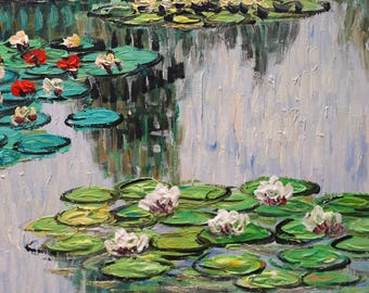 Hand-Painted Water Lilies Canvas: Van Gogh Style Impressionist Art (24x20 Inch)