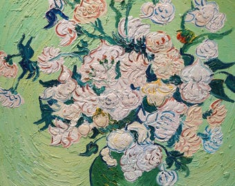 Hand-Painted Pink Rose Oil Painting on Canvas - Van Gogh Style 24x20