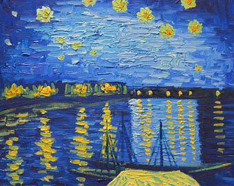 Hand-Painted "Starry Night Over the Rhone" Canvas - Van Gogh Style (24x20 Inch)
